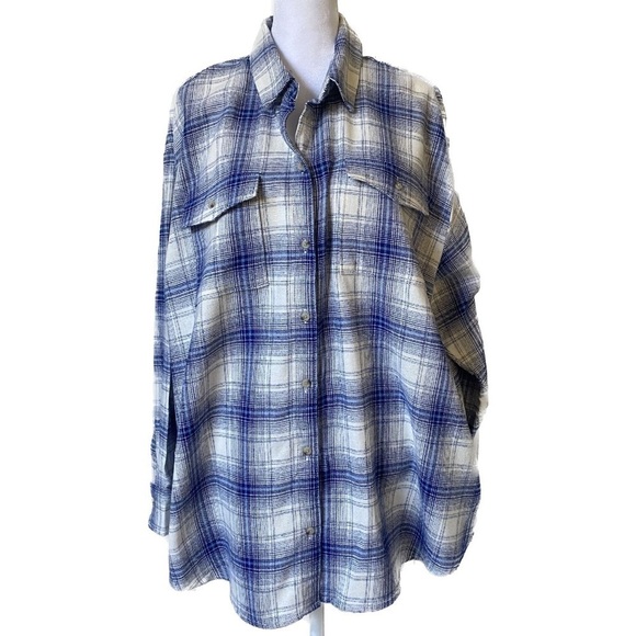Old Navy Plaid Blue and White Boyfriend Loose Flannel Button Down Size XL - Picture 3 of 8